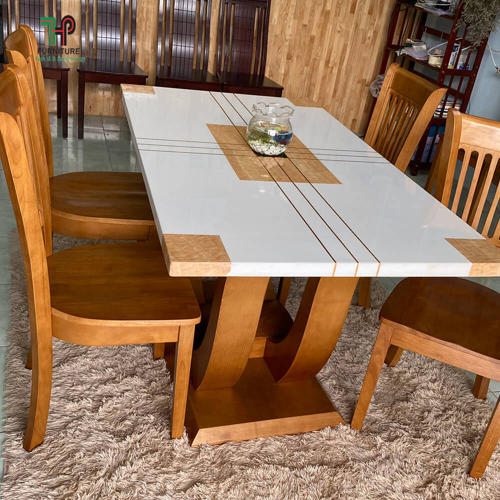 Bộ bàn ăn bằng gỗ mặt đá hóc môn