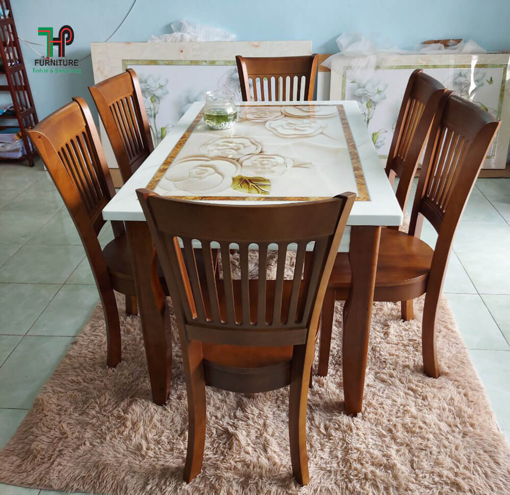 bàn ăn gỗ mặt đá 4 ghế